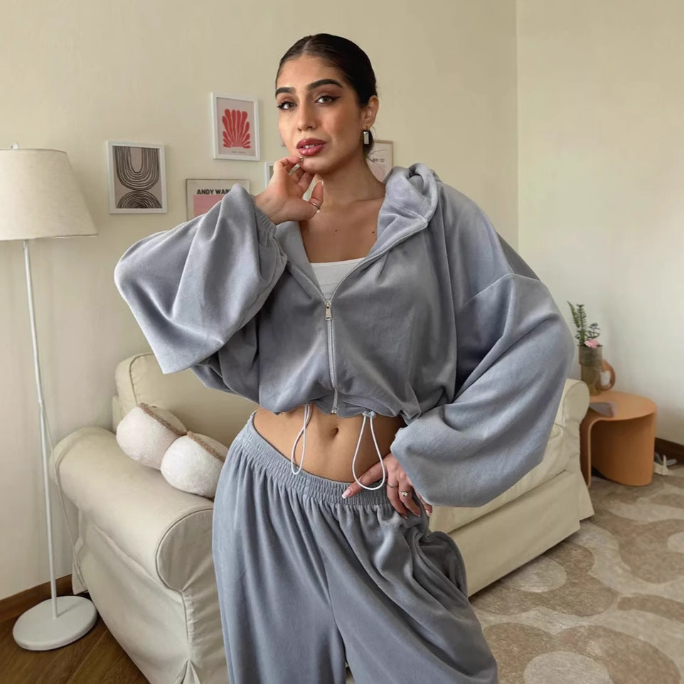 Damen kurzes Kapuzenzipper-Lounge-Set mit oversized Ärmeln und weitem Jogginghose-Schnitt Drune
