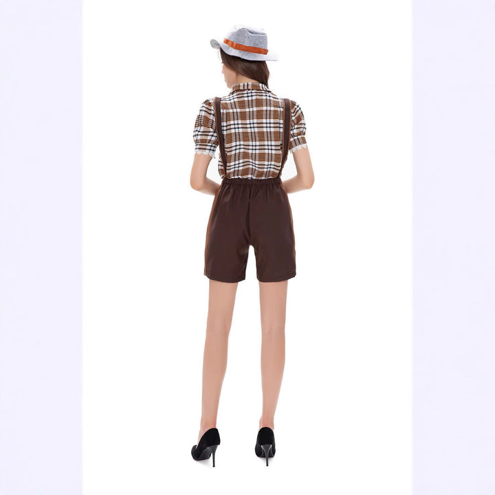 Damen Trachten-Latzhose mit kariertem Oberteil und dekorativer Stickerei Drune