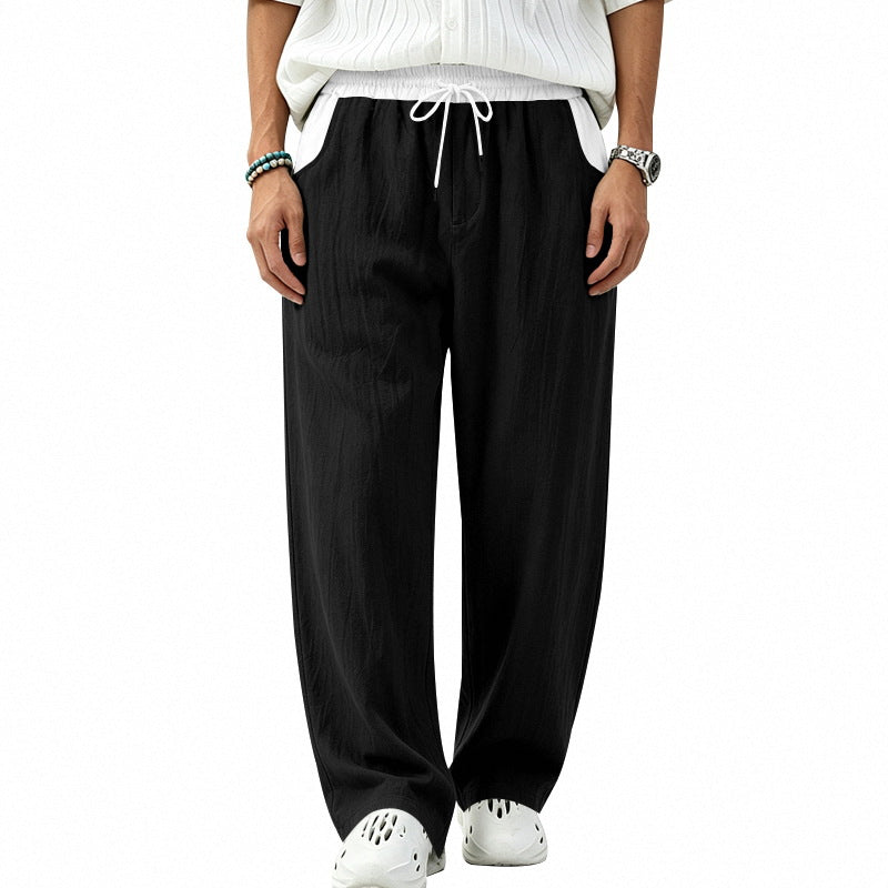 Herren Locker sitzende Leinen-Mischstoff Freizeithose mit Elastischem Tunnelzug und Seitentaschen Drune