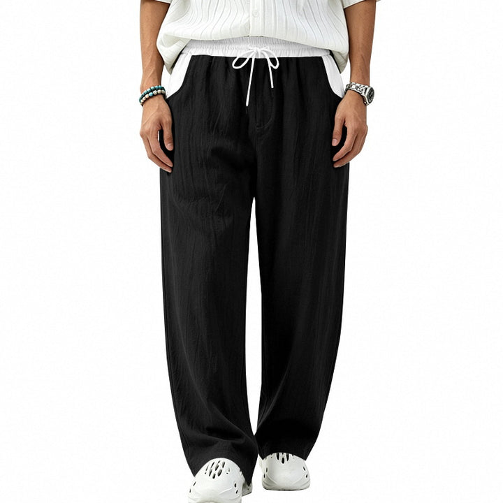 Herren Locker sitzende Leinen-Mischstoff Freizeithose mit Elastischem Tunnelzug und Seitentaschen Drune