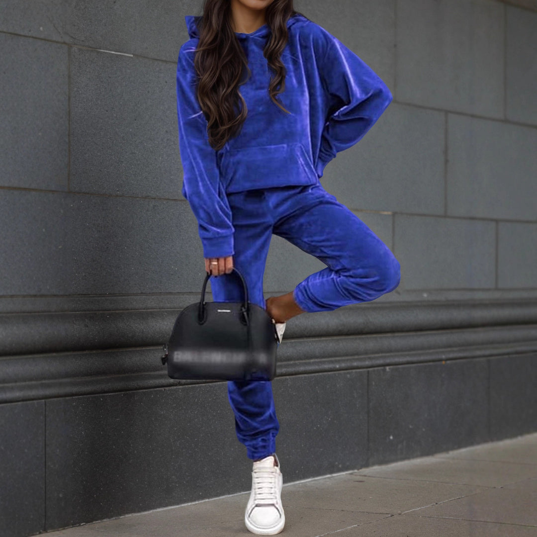 Damen Samt-Jogginganzug mit Kapuzenhoodie, Kängurutasche und elastischer Bündchenhose Drune