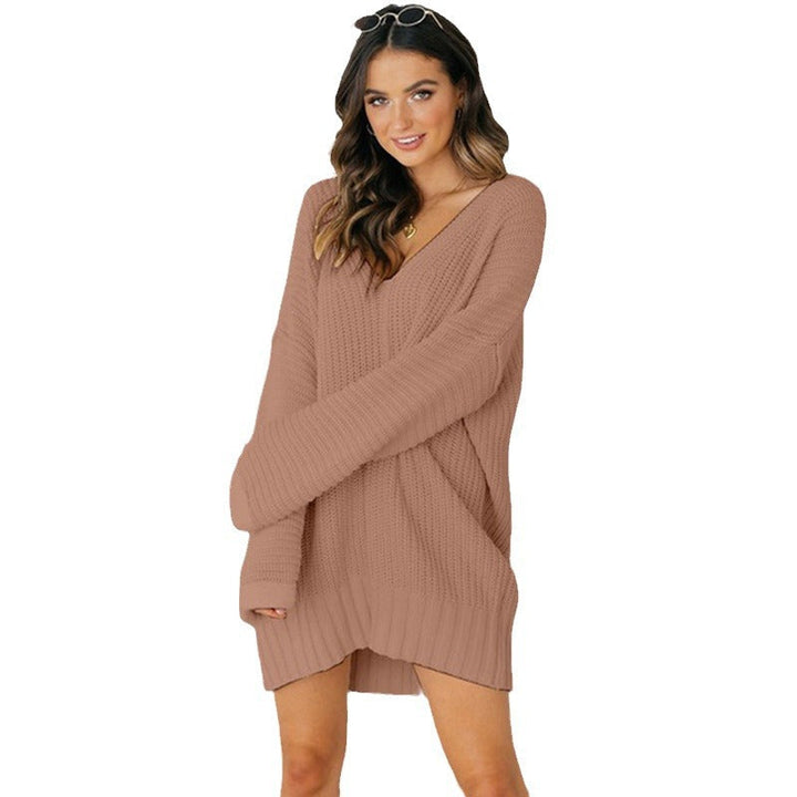 Damen Grobstrick Pulloverkleid mit V-Ausschnitt und lässigem Schnitt Drune