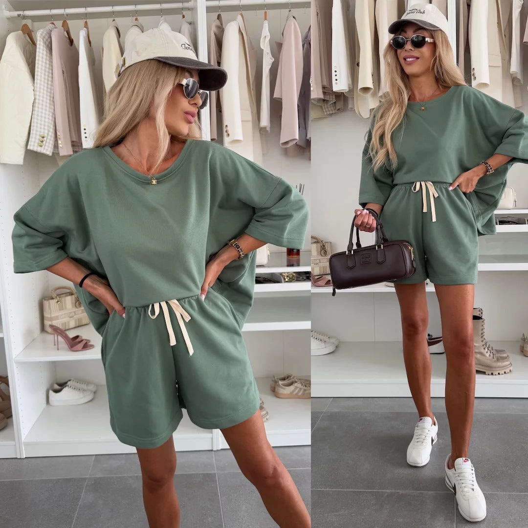 Damen lässiges Kurzarm Set aus Oversized Oberteil und Shorts Drune