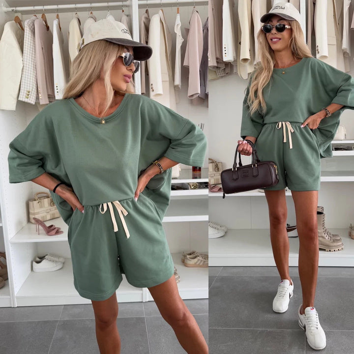 Damen lässiges Kurzarm Set aus Oversized Oberteil und Shorts Drune