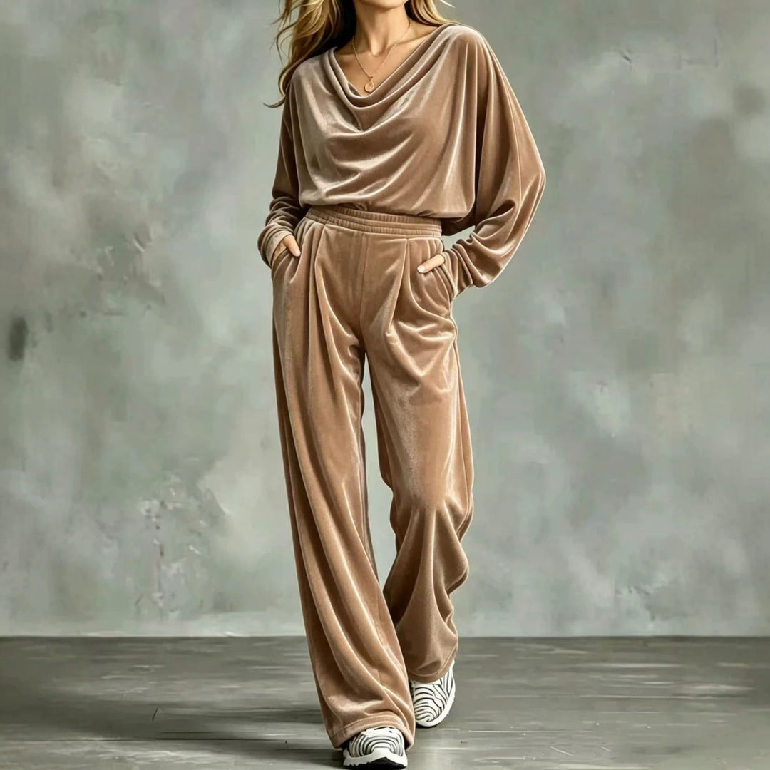 Damen Samt-Loungewear-Set mit Wasserfallkragen, weitem Palazzo-Schnitt und Eingrifftaschen Drune
