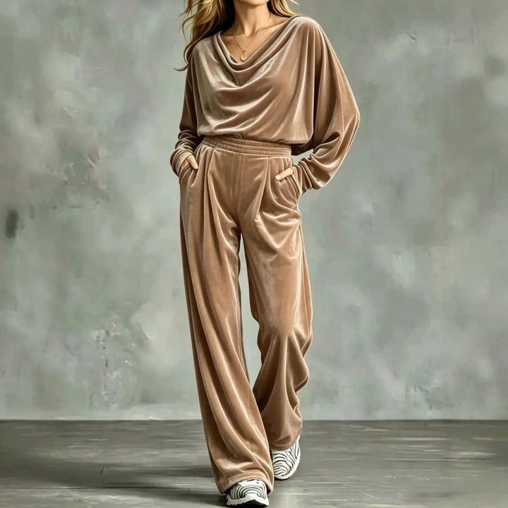Damen Samt-Loungewear-Set mit Wasserfallkragen, weitem Palazzo-Schnitt und Eingrifftaschen Drune