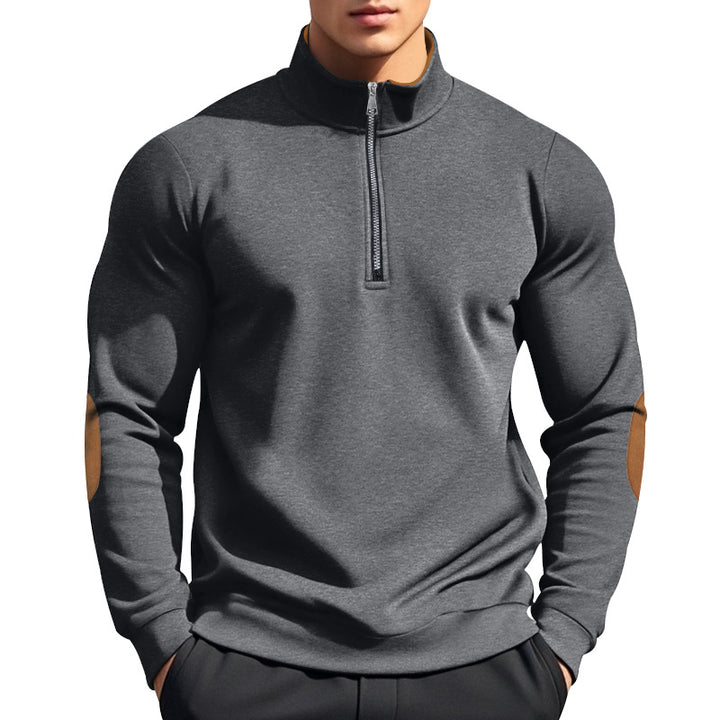 Herren nan halbhoher Zip-Pullover mit Stehkragen, Ellbogen-Patches und modernem Regular Fit Drune