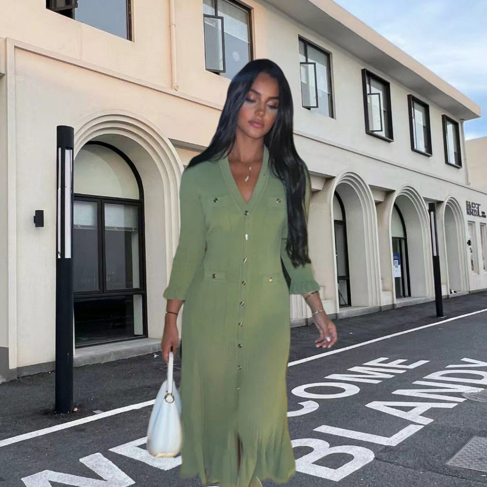 Damen Strickmaxikleid mit Knopfleiste und modischem V-Ausschnitt Drune