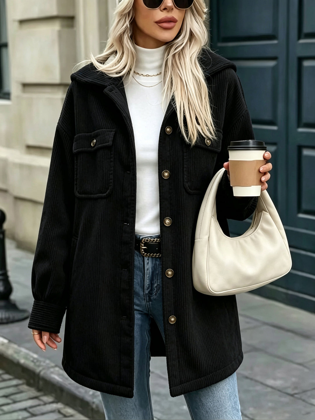 Damen Cordjacke mit Kapuze, oversized und aufgesetzten Taschen Drune