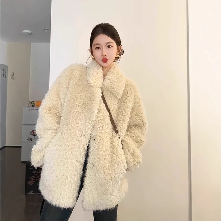 Damen Oversize Teddyfell‑Mantel mit Schalkragen und verdeckter Knopfleiste Drune