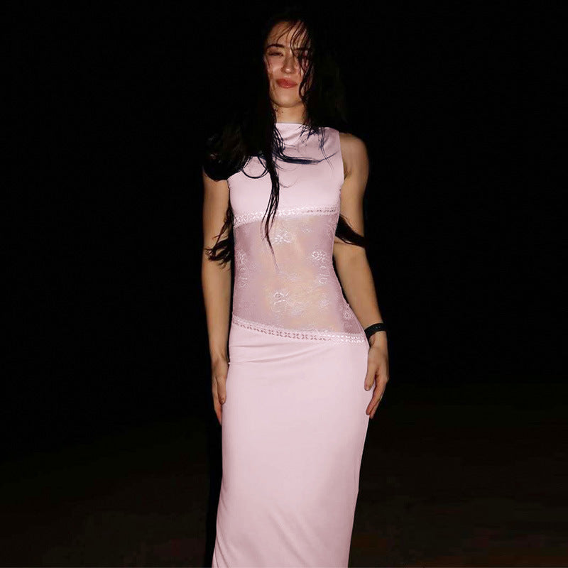 Damen Langes Abendkleid mit transparentem Spitzen-Overlay und figurbetonter Passform Drune