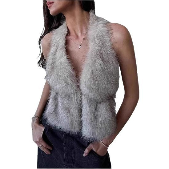Damen Ärmelloses Cropped-Kunstpelz-Set mit Minirock und flauschigen Stulpen Drune