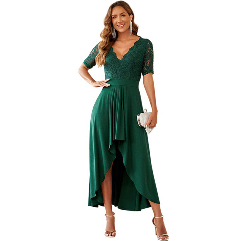 Damen elegantes Abendkleid mit tiefem V-Ausschnitt und gerafftem Rocksaum Drune