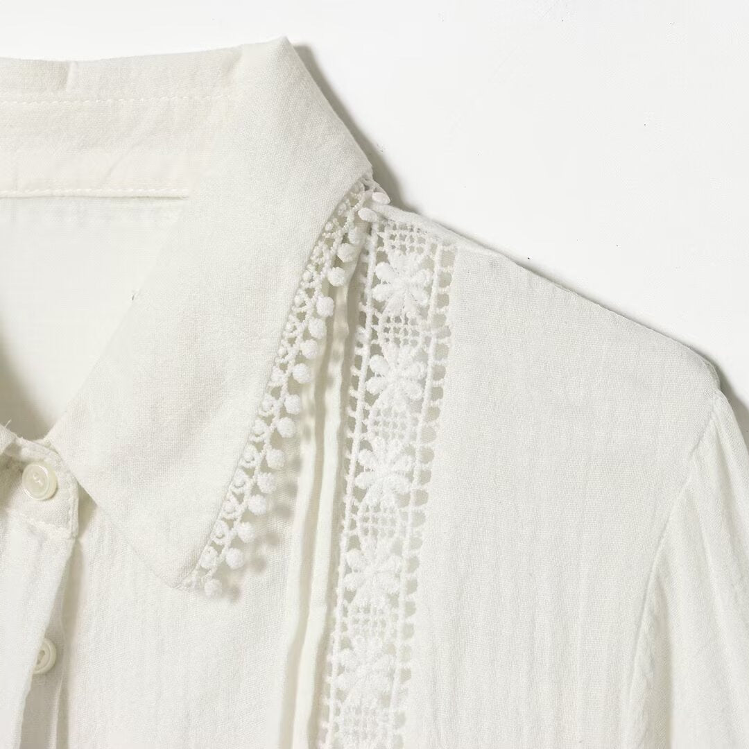 Damen Bluse mit zarter Spitzenapplikation, verdeckter Knopfleiste und Ballonärmeln Drune