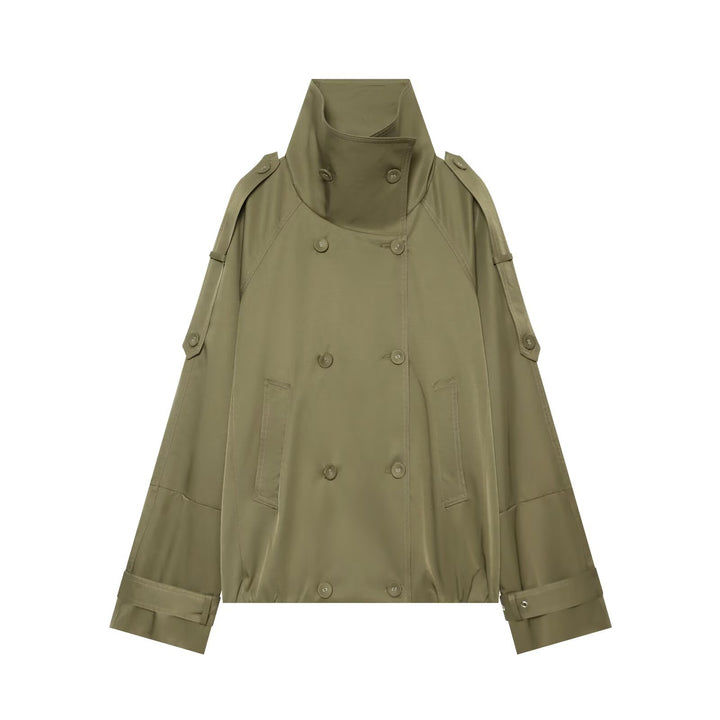 Damen Kurzgeschnittener Doppelreihiger Trenchcoat mit hohem Stehkragen und Cape-Ärmeln Drune