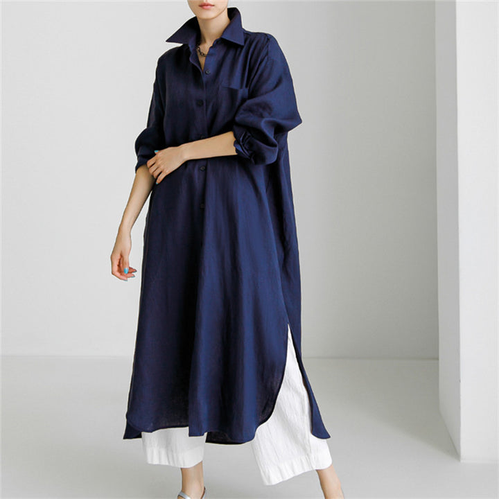 Damen Langes Leinen‑Hemdkleid mit kastiger Oversize‑Silhouette und Seitenschlitzen Drune