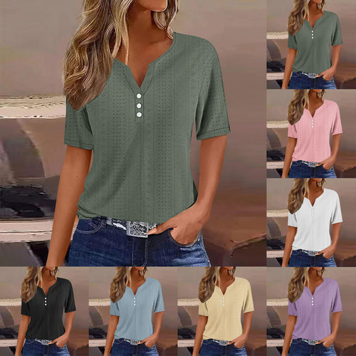 Damen kurzärmeliges T-Shirt mit Knopfdetails und eingewebtem Muster Drune