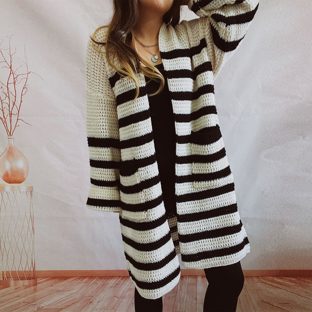 Damen lässige Strickjacke mit modernem Streifenmuster und weiten Ärmeln Drune