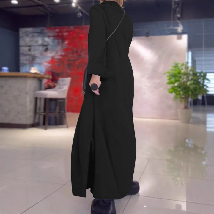 Damen Kragenblusenkleid mit V-Ausschnitt, Eingrifftaschen und seitlichen Schlitzen Drune