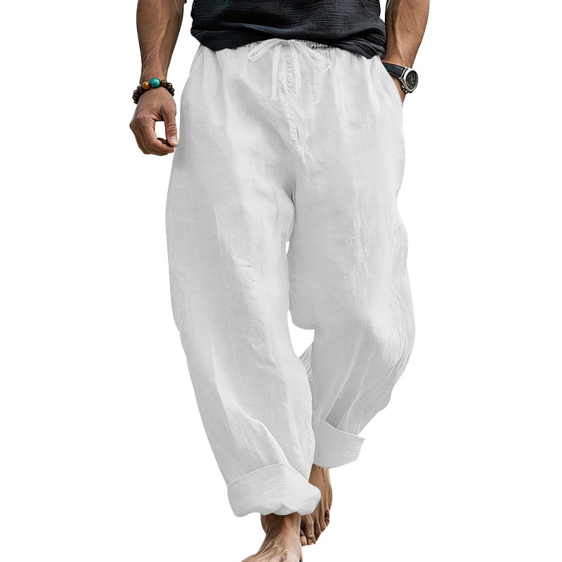 Herren Locker geschnittene Leinen-Loungehose mit Kordelzug, Umschlagsaum und Taschen Drune