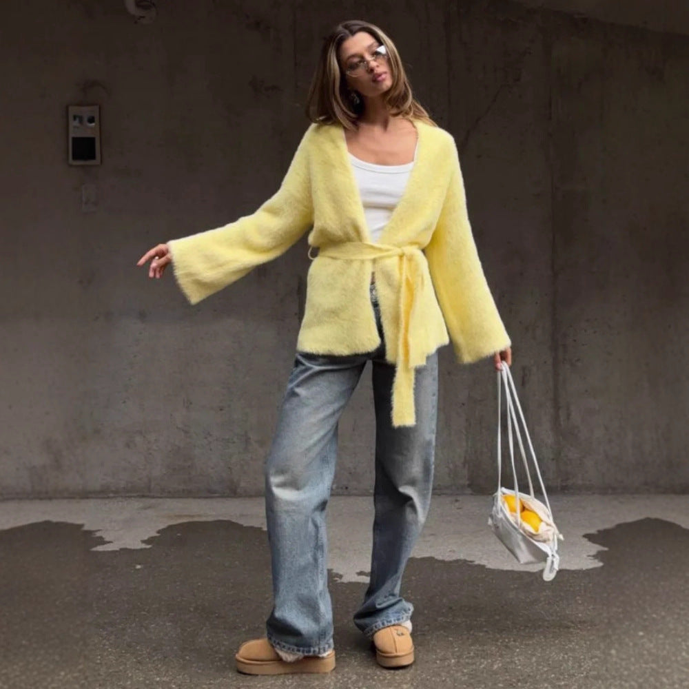 Damen Flauschige Strickjacke mit Gürtel Drune