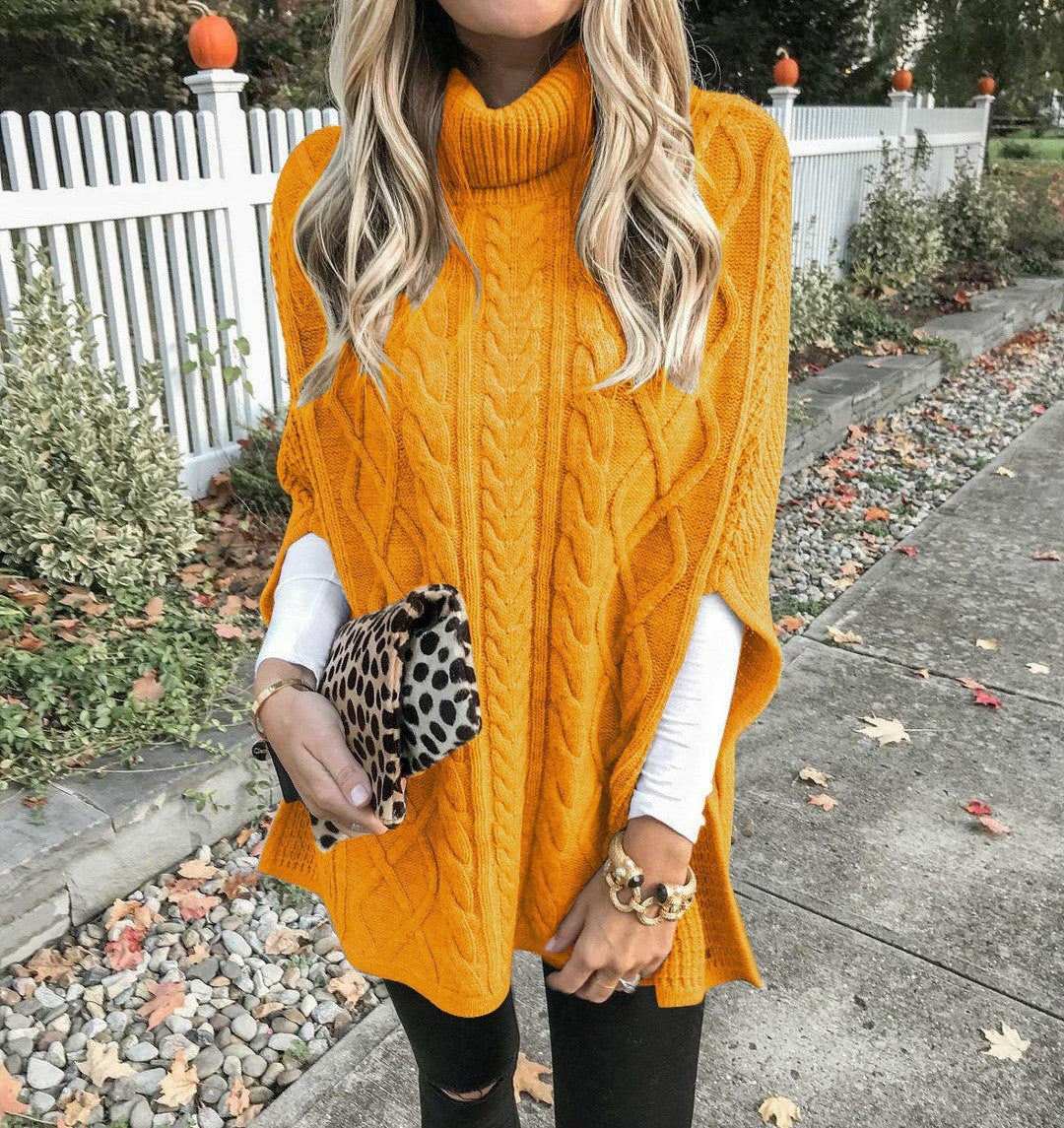 Damen Grobstrick-Poncho mit hohem Kragen und Zopf-Design Drune