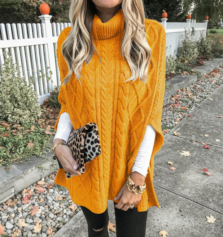 Damen Grobstrick-Poncho mit hohem Kragen und Zopf-Design Drune