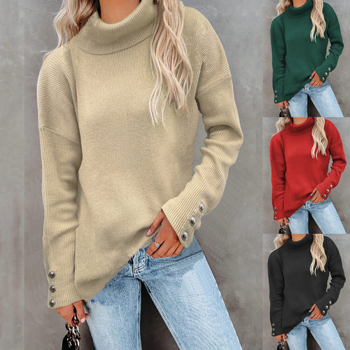 Damen Gerippter Rollkragenpullover mit Oversize-Schnitt und Zierknopfmanschetten Drune