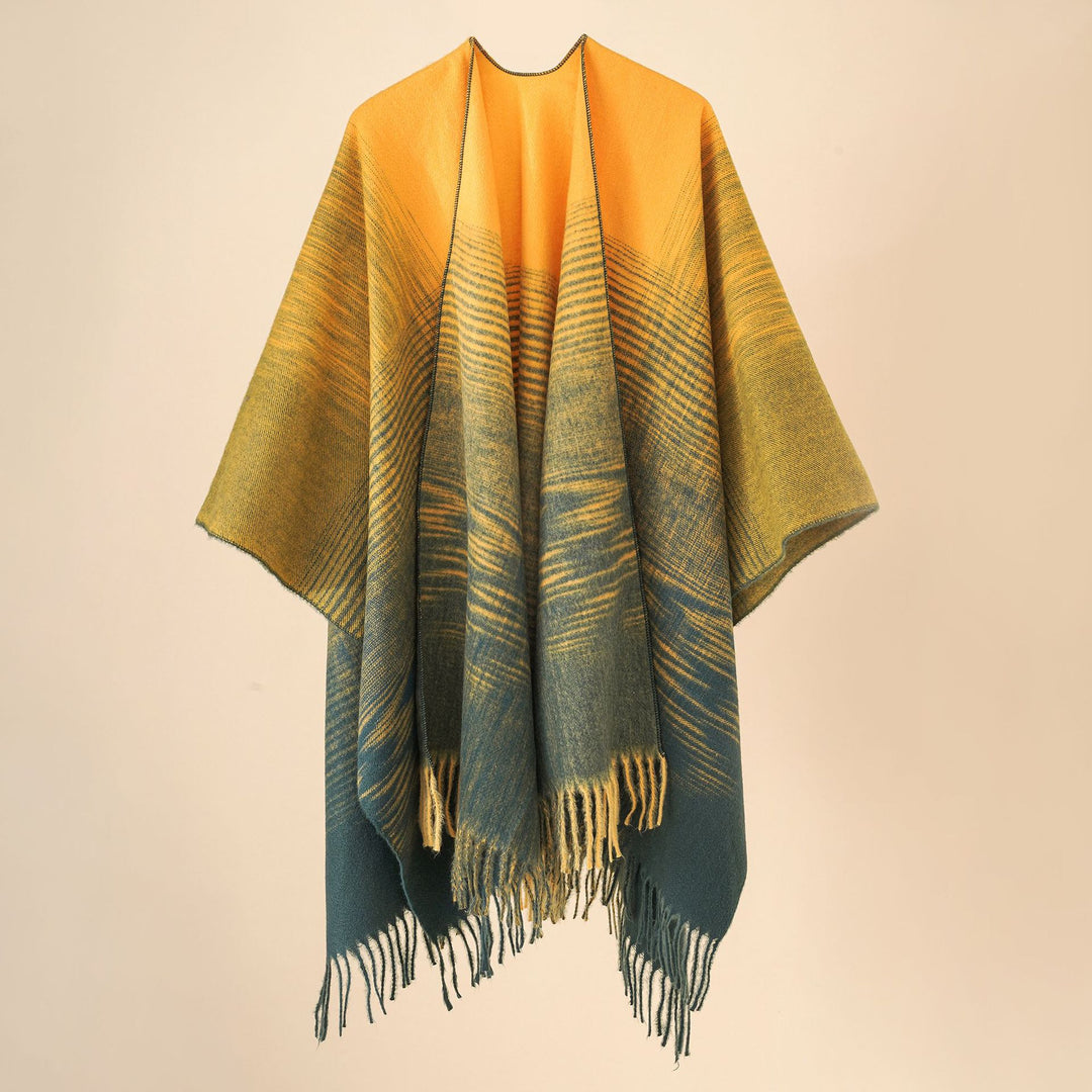 Damen Wollmix-Poncho mit Karomuster und Fransen Drune