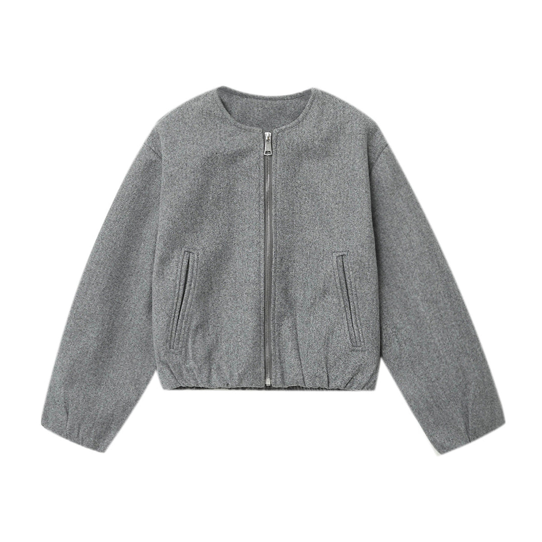 Damen nan kurz geschnittene Wolloptik-Cropped-Jacke mit Rundhalsausschnitt, durchgehendem Reißverschluss, elastischem Saum und dezenten Eingrifftaschen Drune