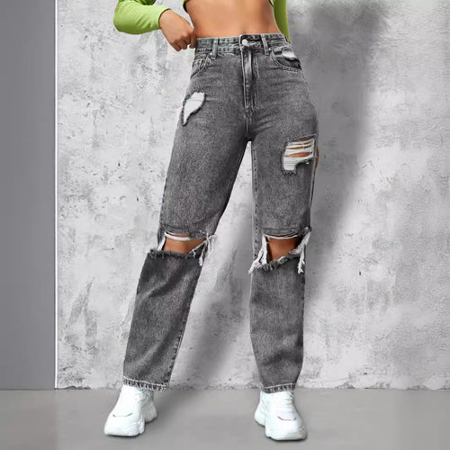 Damen High‑Waist Ripped Straight‑Leg Jeanshose mit Knie‑Cutouts und Used‑Wash Drune