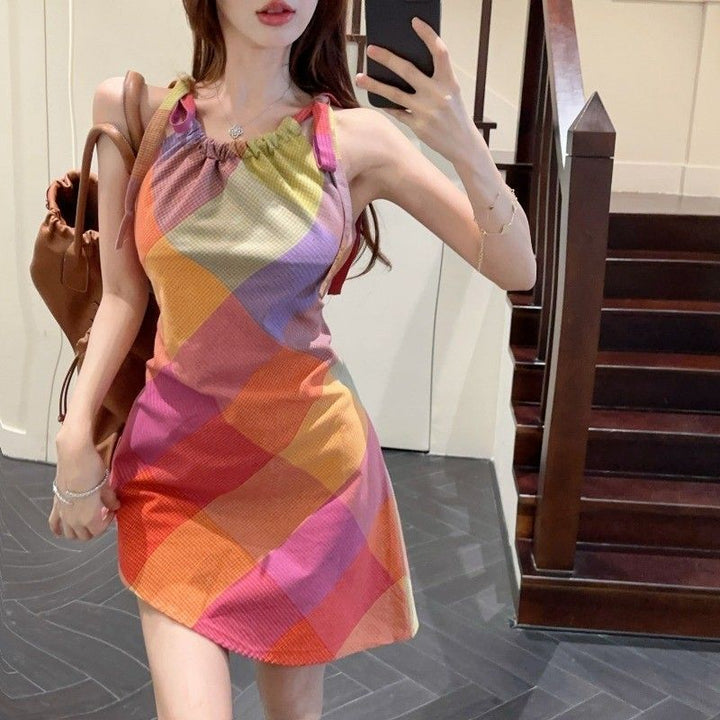 Damen Kurzarmkleid mit modischem Karomuster und elastischem Ausschnitt Drune