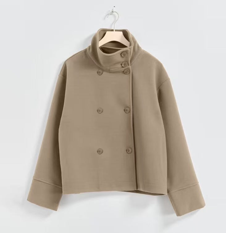 Damen Modische Cropped Jacke mit hohem Kragen und doppelter Knopfleiste Drune