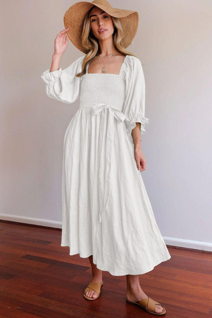Damen elegantes, tailliertes Maxikleid mit Puffärmeln und Bindegürtel Drune