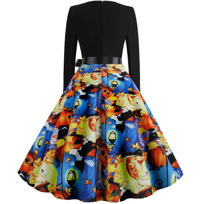 Damen Retro Swingkleid mit gewelltem Ausschnitt, langen Ärmeln und Halloween-Print Tellerrock Drune