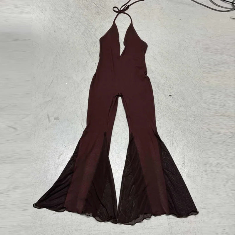 Damen Flared Jumpsuit mit V-Ausschnitt und Rückenschnürung Drune