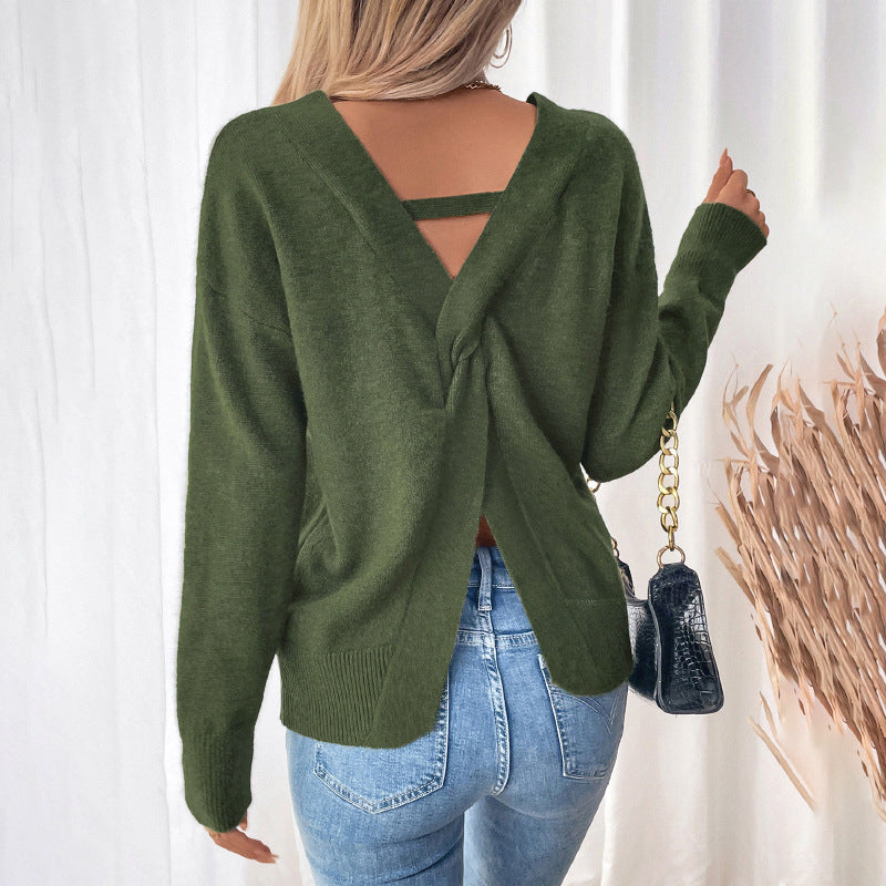 Damen gemütlicher V-Ausschnitt Pullover mit drei Viertel Ärmeln und lässigem Schnitt Drune