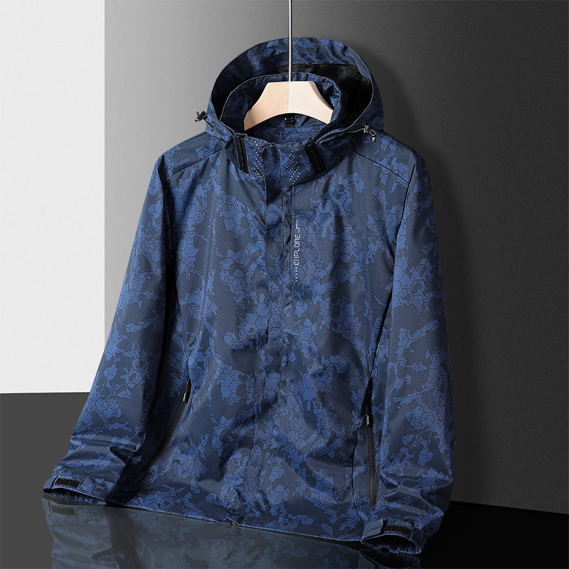 Herren leichter wasserdichter Softshell‑Hoodie mit Kapuze und Tarn‑Hex‑Alloverprint Drune