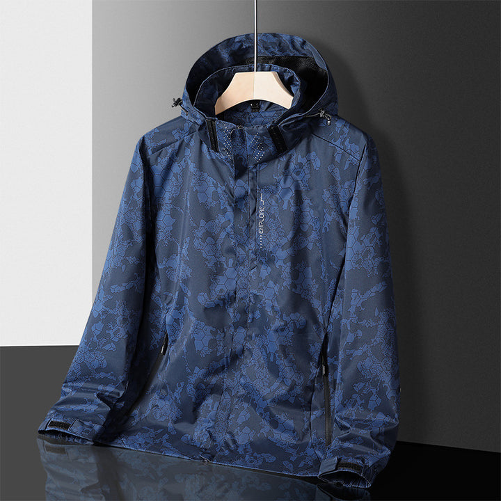 Herren leichter wasserdichter Softshell‑Hoodie mit Kapuze und Tarn‑Hex‑Alloverprint Drune