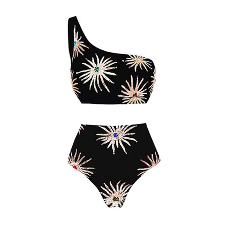 Damen Elegantes asymmetrisches Bikini-Set mit funkelndem Blumendesign Drune