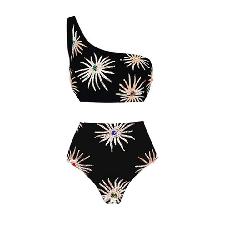 Damen Elegantes asymmetrisches Bikini-Set mit funkelndem Blumendesign Drune