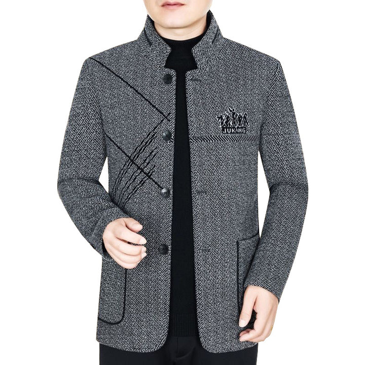 Herren Stehkragen-Mantel aus strukturierter Wollmischung mit schmaler Silhouette Drune