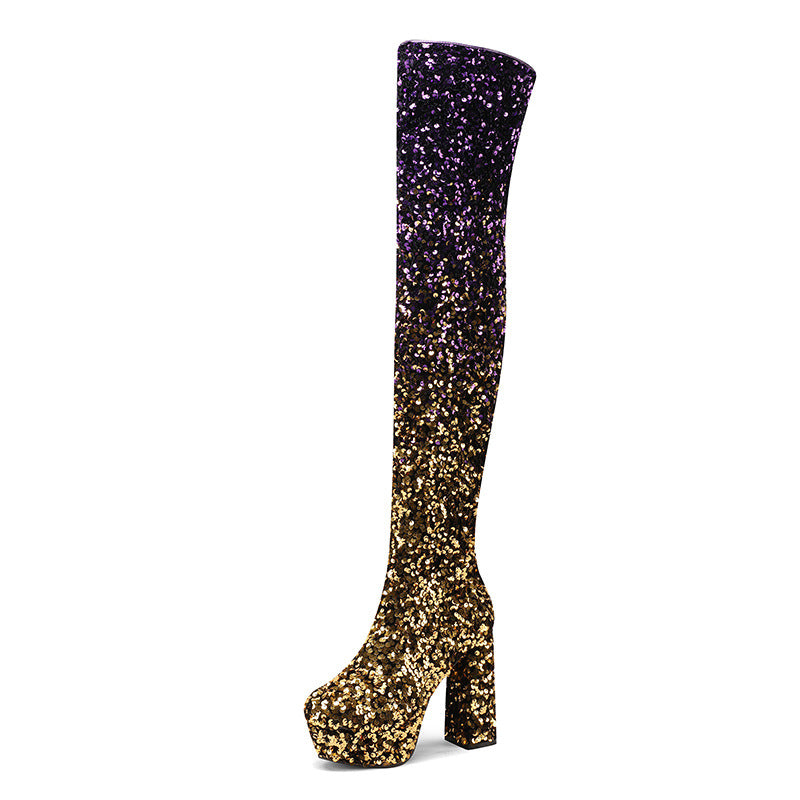 Damen Hochglanz Glitzer Oberschenkelhohe Plateau Stiefel Drune