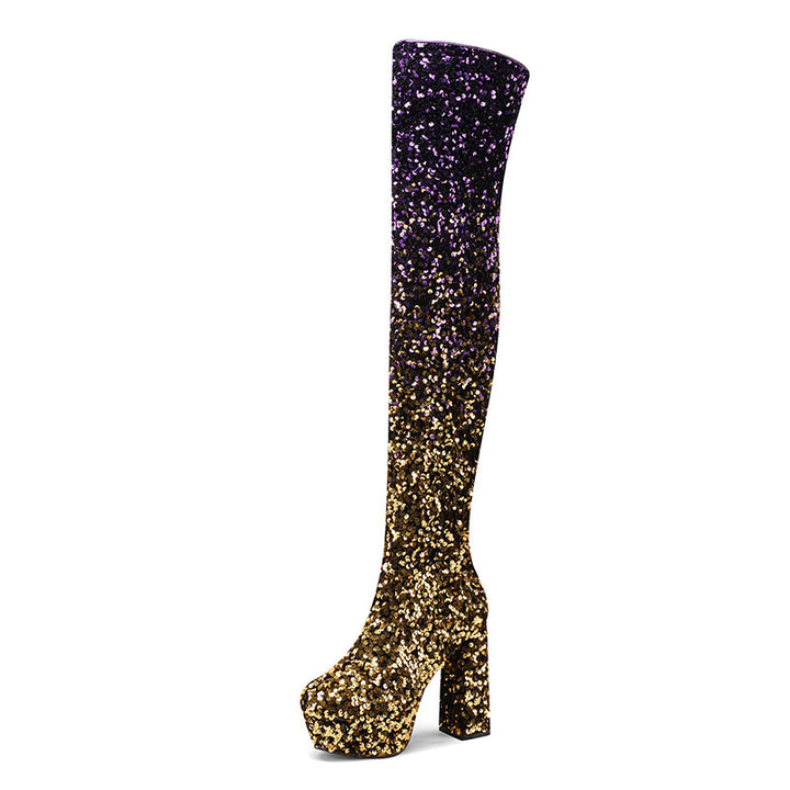 Damen Hochglanz Glitzer Oberschenkelhohe Plateau Stiefel Drune