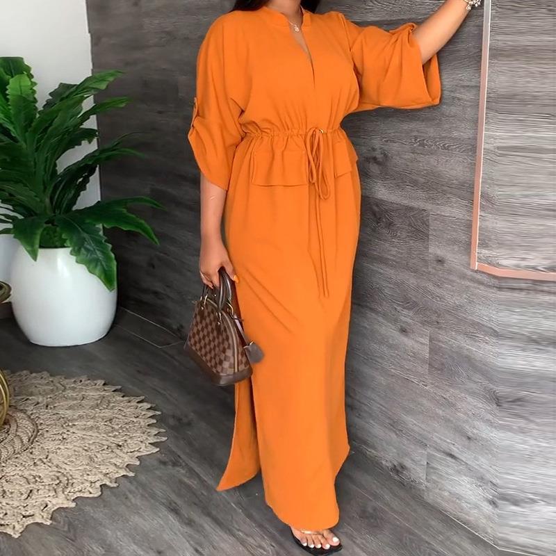 Damen Maxikleid mit Taillierung und offenem Kragen Drune