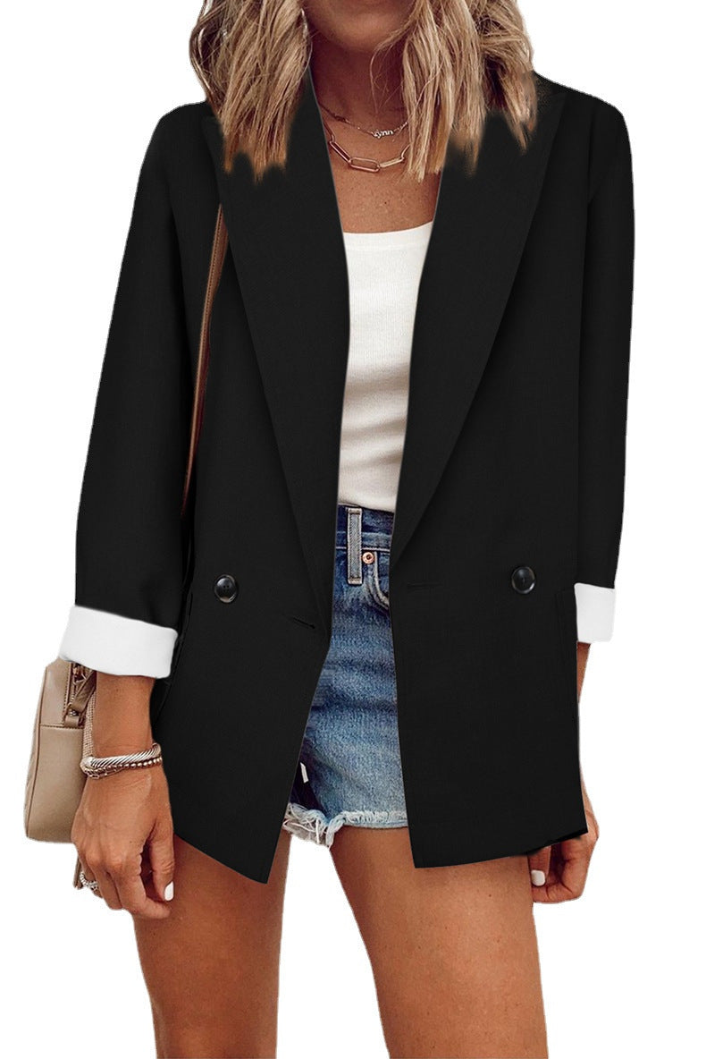 Damen eleganter Oversize-Blazer mit doppelter Knopfleiste und kontrastierenden Ärmeln Drune
