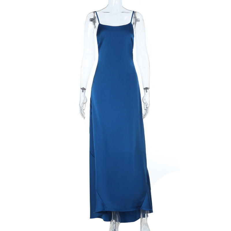 Damen elegantes Satin-Maxikleid mit feinen Spaghettiträgern Drune
