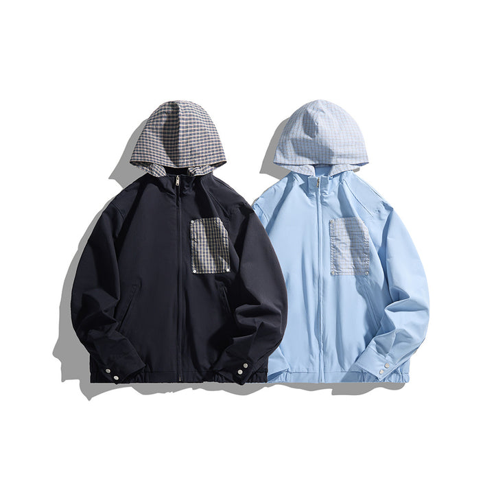 Unisex Leichte Kapuzen-Übergangsjacke mit Karopatch-Brusttasche und elastischem Saum Drune