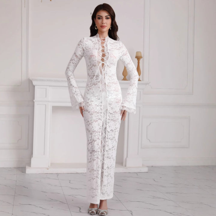Damen Spitzenmaxikleid mit Schnürung und hohem Beinschlitz Drune