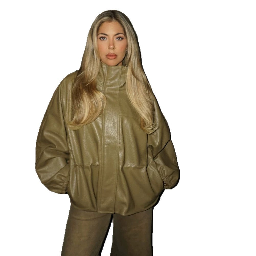 Damen Boxy Kunstlederjacke mit hohem Stehkragen, Tunnelzug-Taillierung und Ballonärmeln Drune